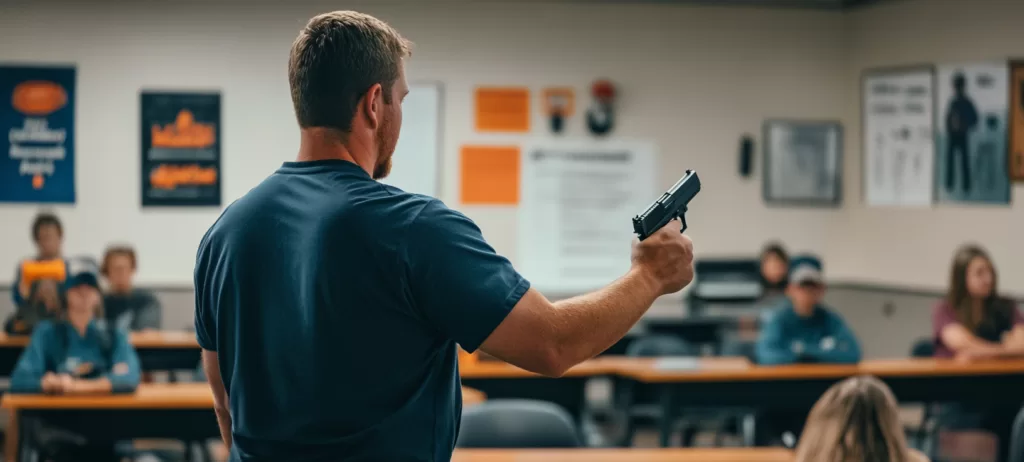 A man teaching basic firearm safety in a classroom setting